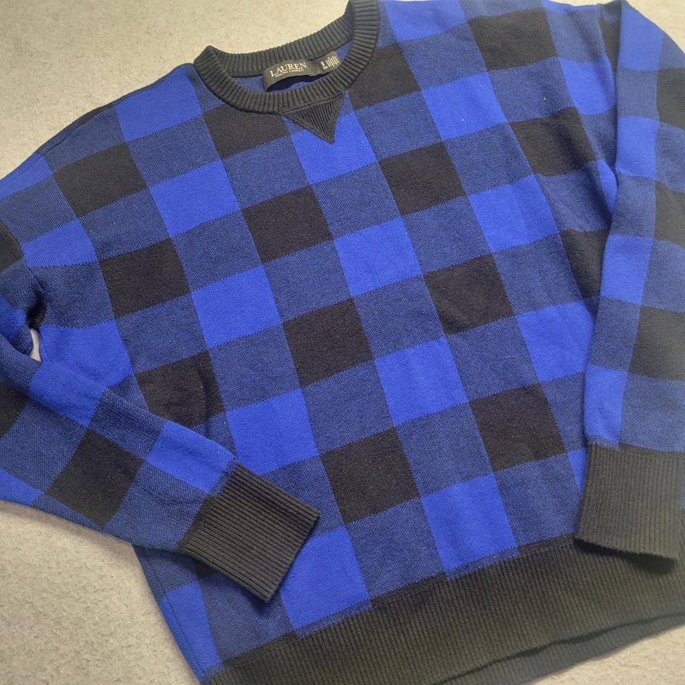 Lauren‎ Ralph Lauren Blue Black Buffalo Plaid Crewneck Sweater Mens Small Cotton
